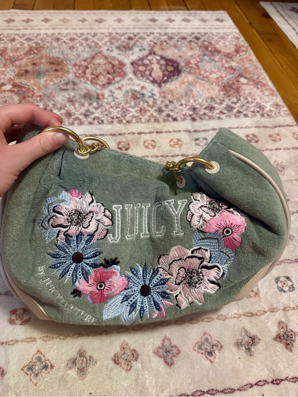 Juicy Couture Sage Green Floral Embroidered Shoulder Bag